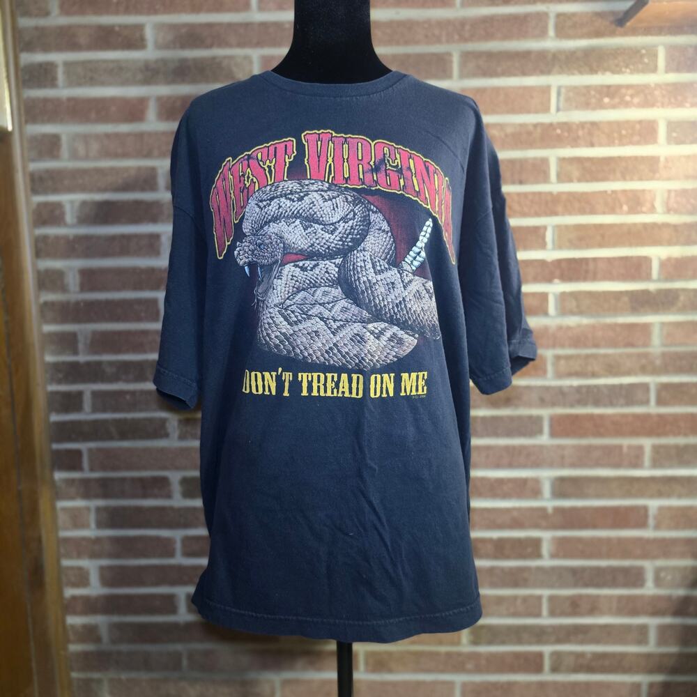 Vintage WV Don't Tread On Me T Shirt XL Navy Blue Gadsden Snake Bayside USA made